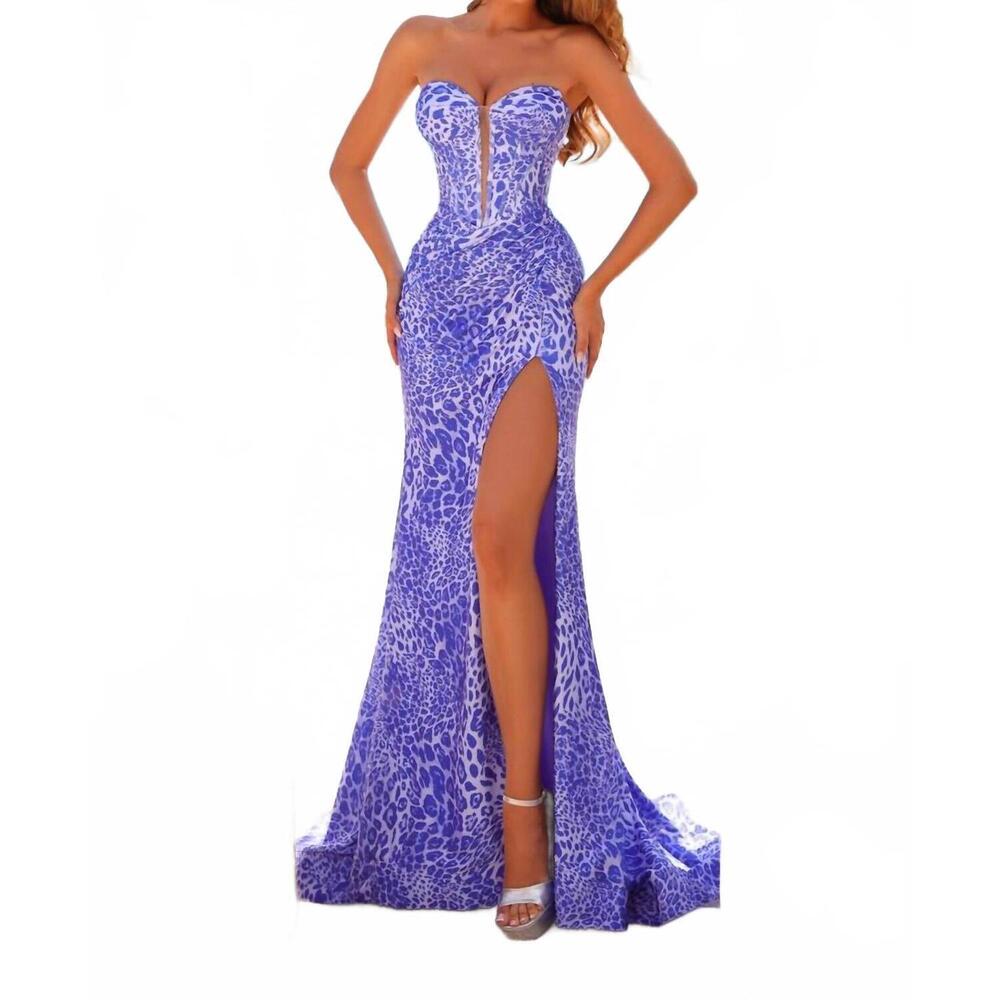 NEW AMARRA figure-flattering corset bodice gown in purple leopard print